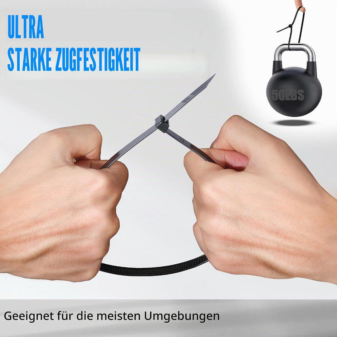 Kabelbinder-Set: 1000 Stück, 250 x 4,8 mm, Schwarz, UV-Beständig, 23 kg Zugfestigkeit - Ideal für Ka