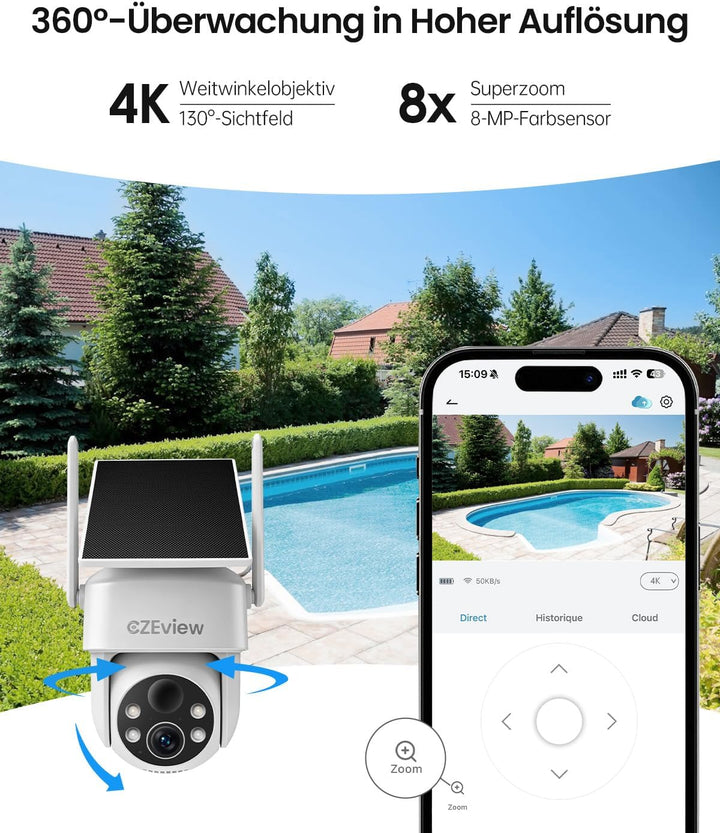 CZEview 4K 8MP UHD Überwachungskamera Aussen Akku Solar, 100% Kabellos | Bewegungsverfolgung, Automa