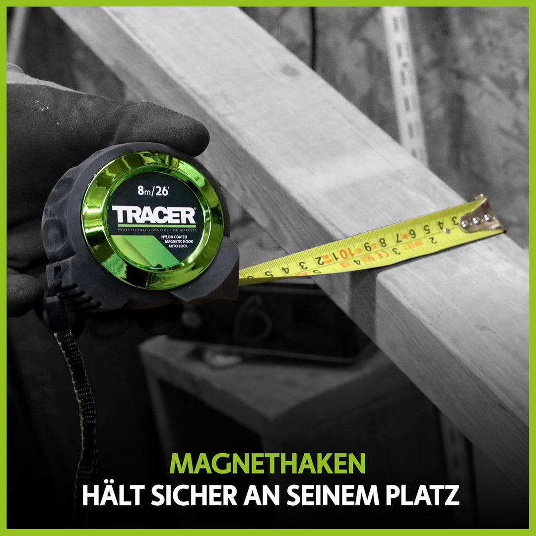 TRACER 8m Automatisches Feststellband (nylonbeschichtetes Massband mit Magnethaken und automatischer