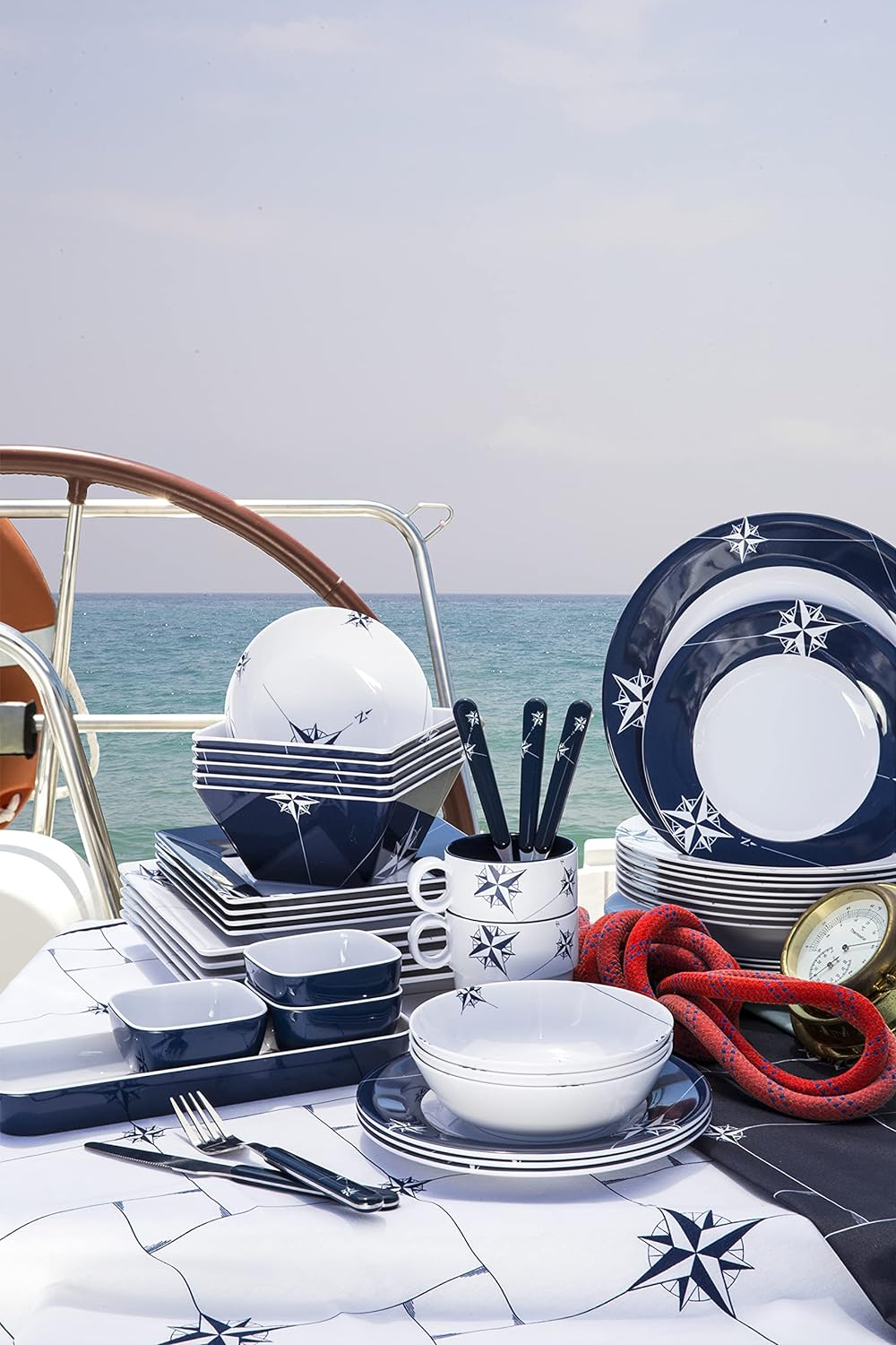 Marine Business Northwind Pack Geschirr mit Korb rechteckig, Melamin, Blau und Weiss, 34.5 x 25.5 x