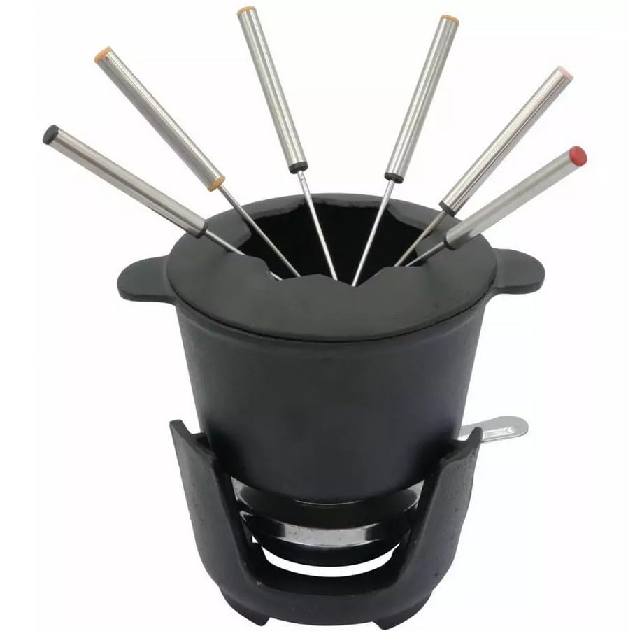 Fondue Set| aus Gusseisen mit 6 Gabeln, Geeignet für Käse- Schoko- und Fleisch-Fondue, 1,5l, Schwarz