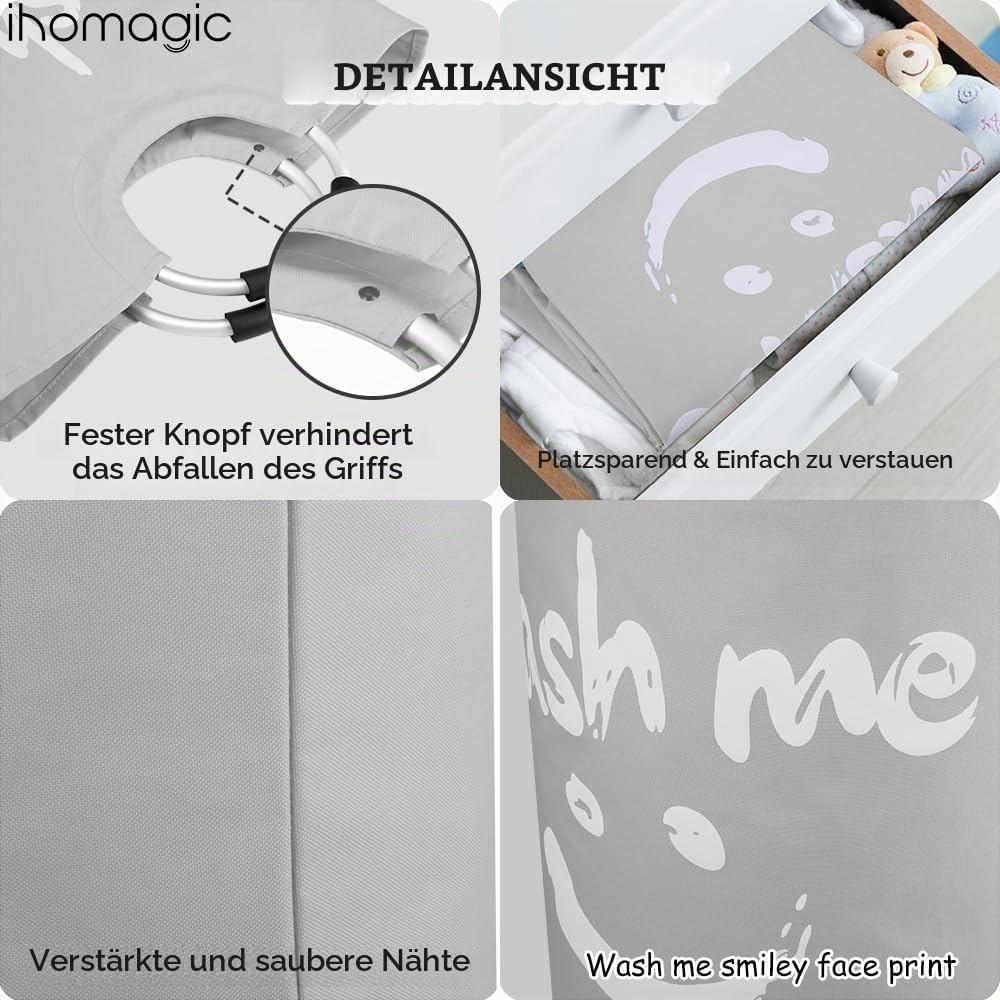 Grosser Wäschekorb 115L, Faltbar Wäschesammler, Lächelndes Muster Wäschetonne Stoff Wäschesack mit G