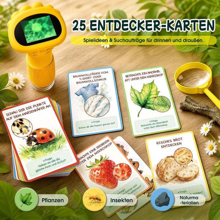 GeschenPark Digitales Mikroskop für Kinder mit 25 Entdeckerkarten, 1000X Vergrösserung, 2-Zoll-1080P