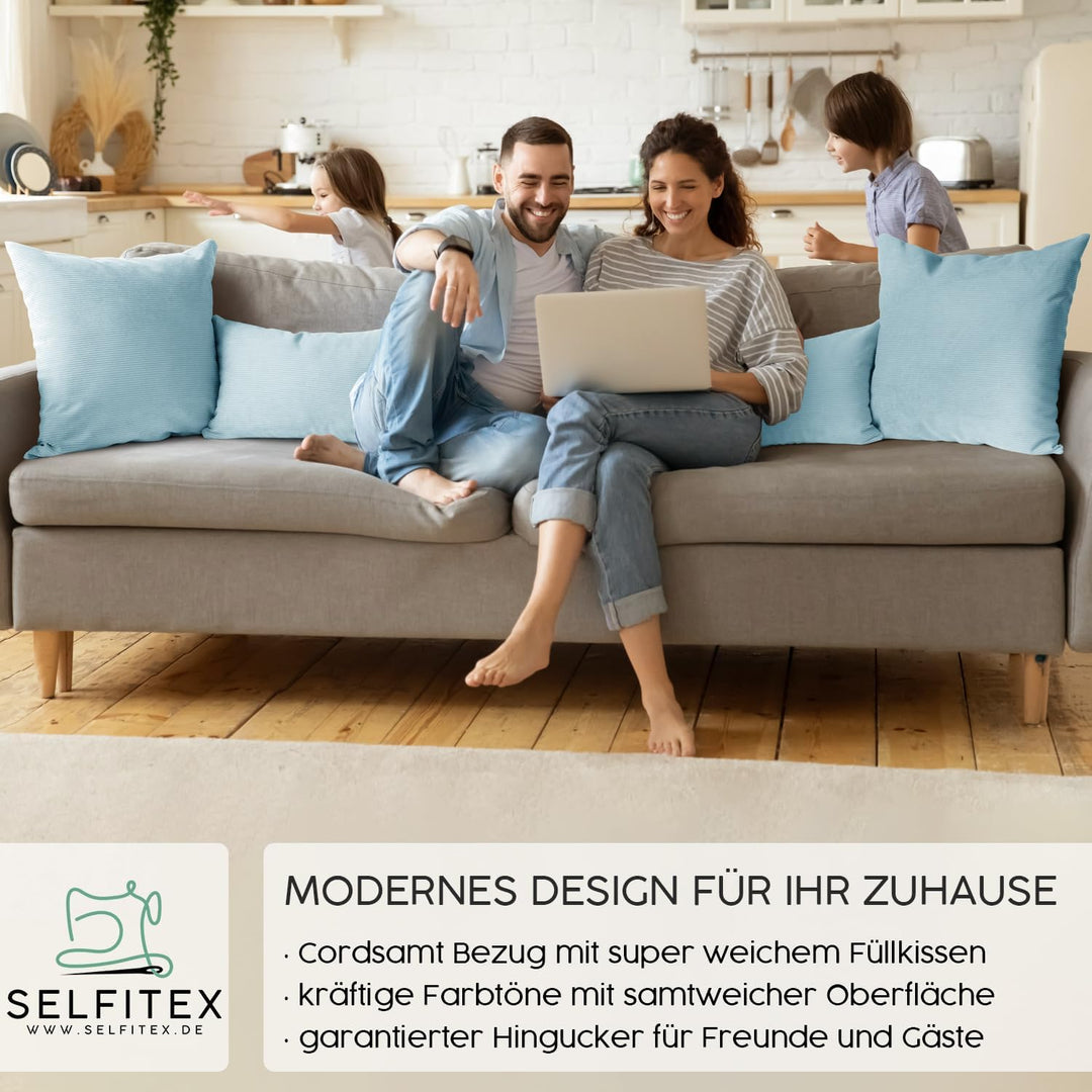 4er Set Cord Sofakissen 2X 30x50 + 2X 50x50, Couchkissen inkl. Füllkissen, samtiger Kissenbezug mit