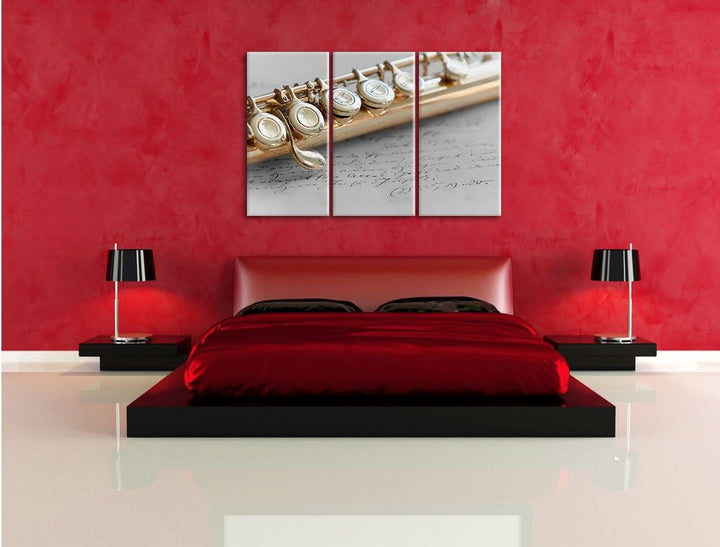 Pixxprint Detailaufnahme Einer Querflöte Schwarz/Weiss 3-Teiler Leinwandbild 120x80 Bild auf Leinwan