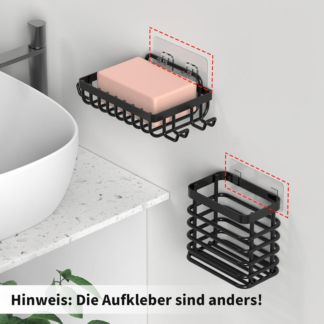 Kegii Duschablage Ecke Schwarz - 4 Stück Edelstahl Duschablage Ohne Bohren mit Seifenschale & Zahnbü