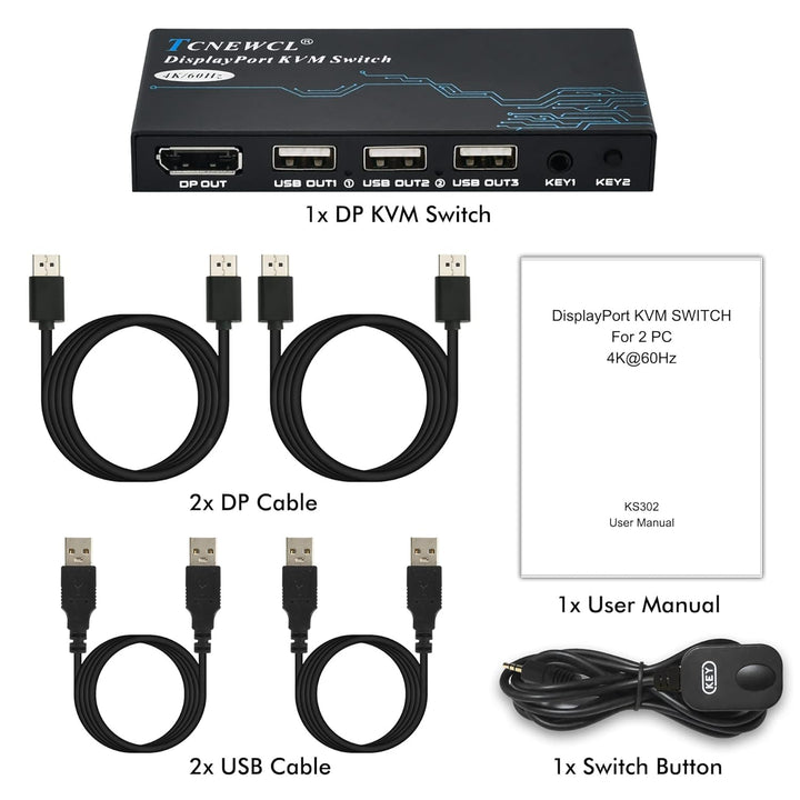 DP KVM Switch 2 Port, 4K @ 60Hz DisplayPort KVM Umschalter für 2 PCs 1 Monitor + 3 USB2.0-Geräte, DP