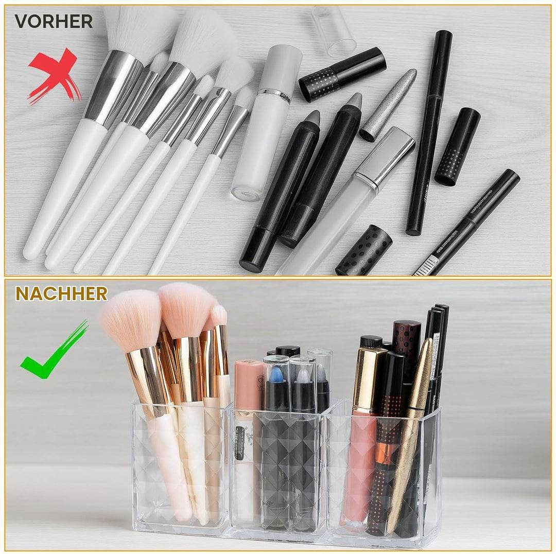 Kosmetik Organizer, 2-Pack Acrylic Pinselhalter, 3 Fächern Kristall Makeup Pinsel Halter, Klarer Sch