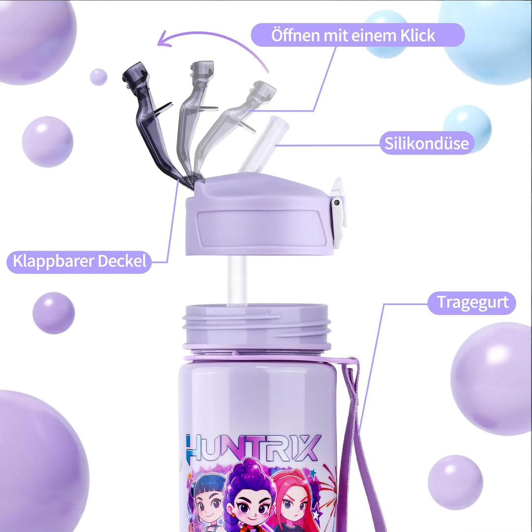 700 ml Trinkflasche mit Strohhalm – Doppelseitiges Cartoon Motiv, auslaufsicherer Trinkbecher mit De