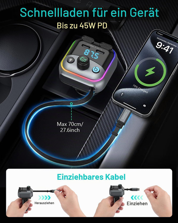 60W Bluetooth 6.0 FM Transmitter Auto, ORIA 4 in 1 Bluetooth Adapter Auto Silber, Silber