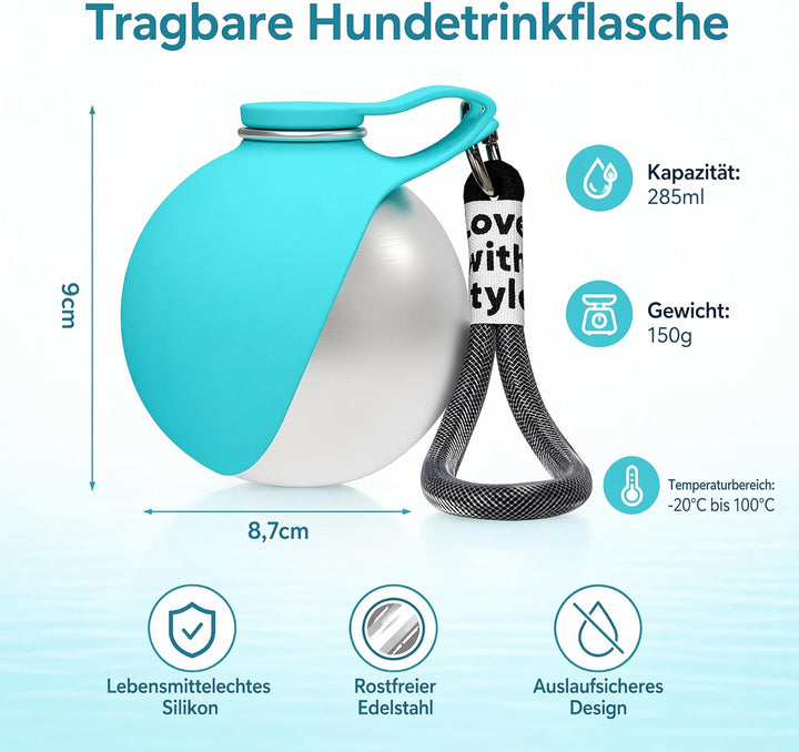 Trinkflasche Hunde für Unterwegs, 285ml Tragbare Edelstahl Hundetrinkflasche mit Faltbarem Silikonna