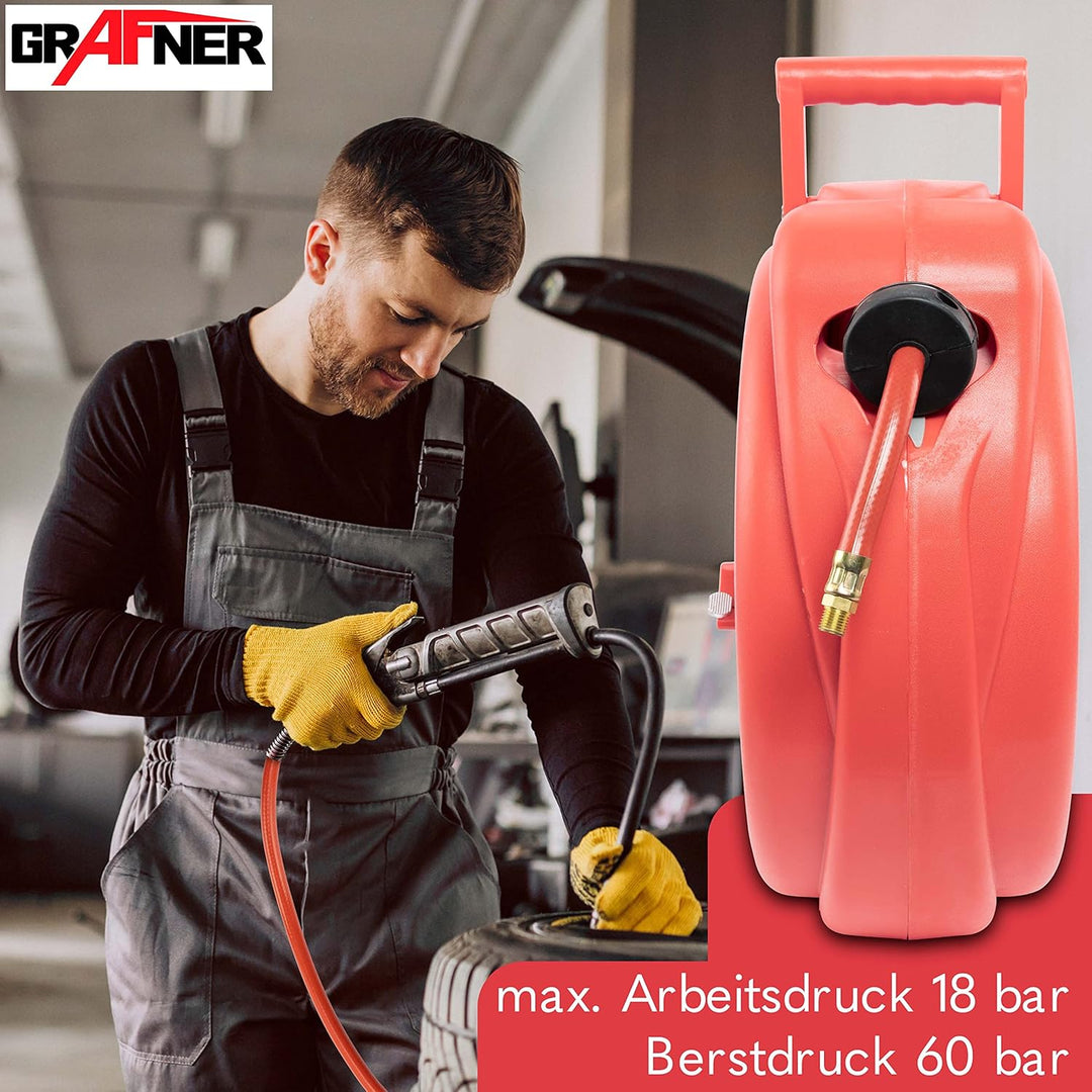 Grafner 20m Druckluftschlauch Aufroller automatisch, 1/4" Anschluss, incl. 180° schwenkbarem Wandsch
