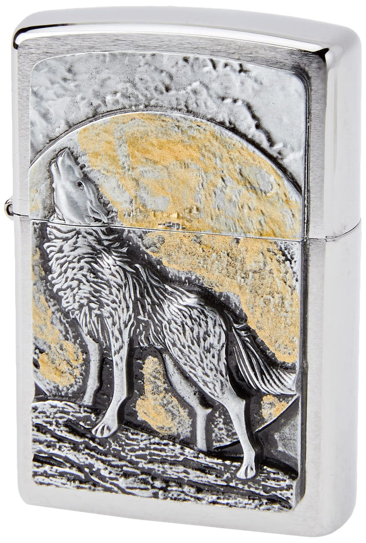 Zippo Feuerzeug 2003038 Wolf at Moonlight Emblem Benzinfeuerzeug, Messing, Wolf at Moonlight