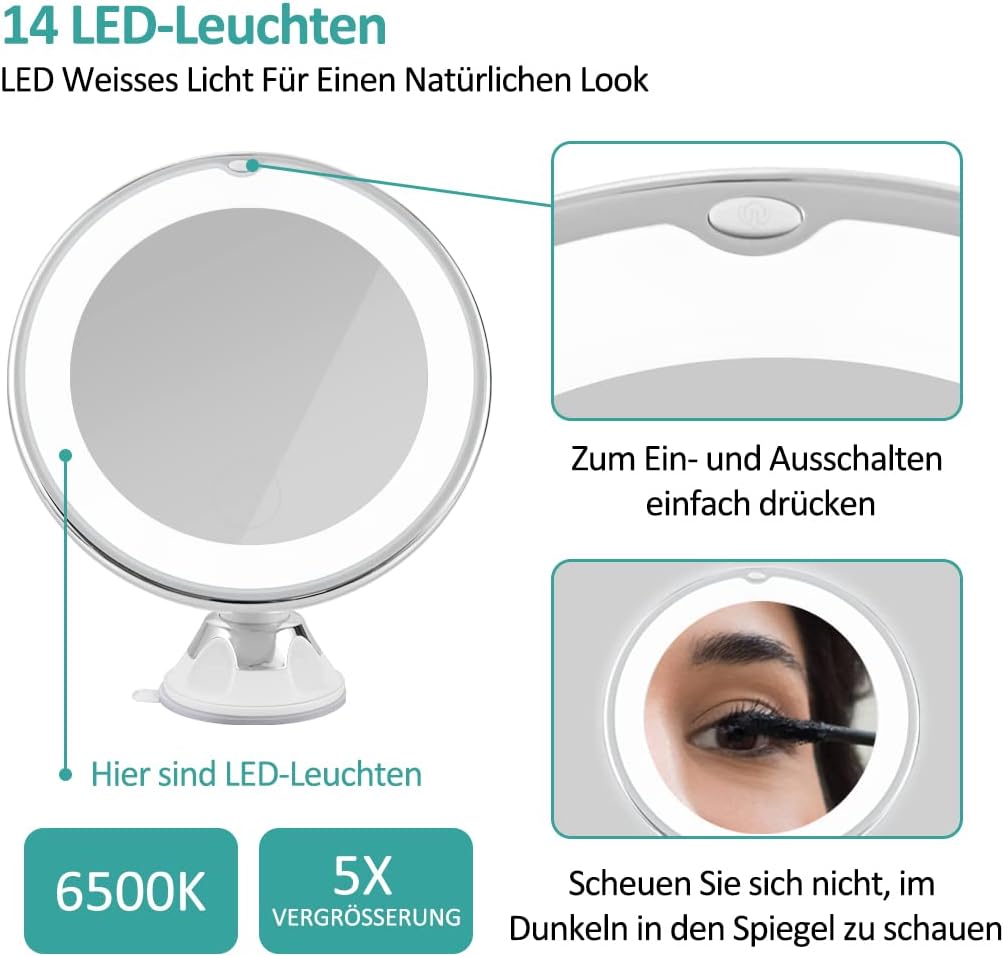 EMKE Schminkspiegel mit Beleuchtung mit 5 Fach Vergrösserungsspiegel, Weiss schminkspiegel mit licht