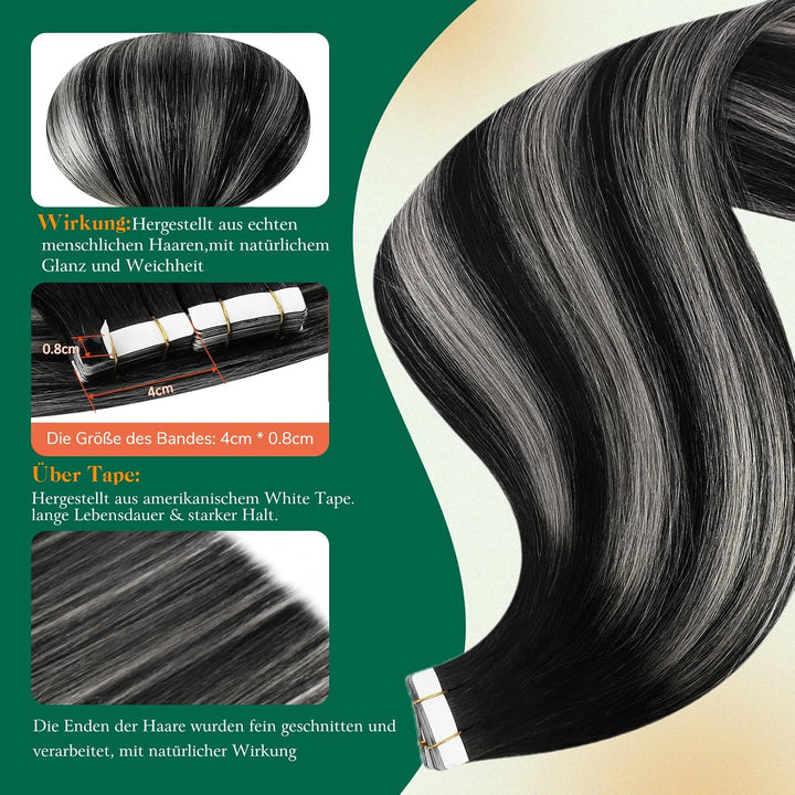 Easyouth Tape in Extensions Echthaar Balayage Schwarz Echthaar Tape in Extension Schwarz Ombre Silbe