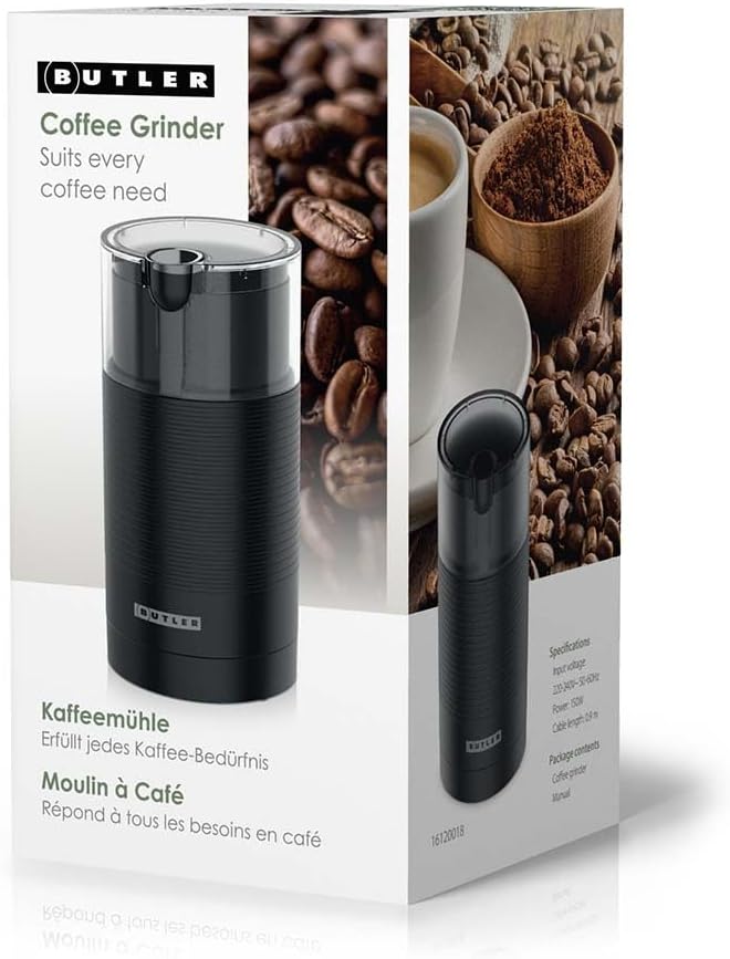 Butler Kaffeemühle - 150W Elektrische Kaffeemühle mit Edelstahlmahlwerk - 70g Mahlbehälter - Schwarz