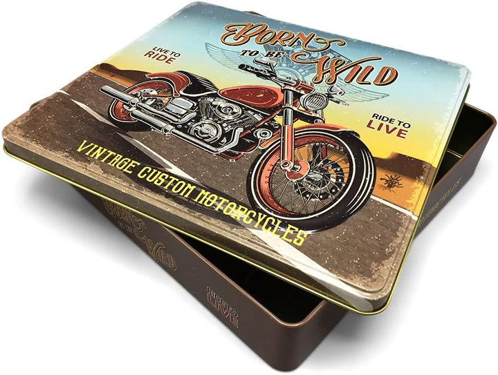 Rechteckige Blechdose mit Aufschrift Born to be wild im Retro-Look Keksdose Deko Box Dose, ca. 23 x