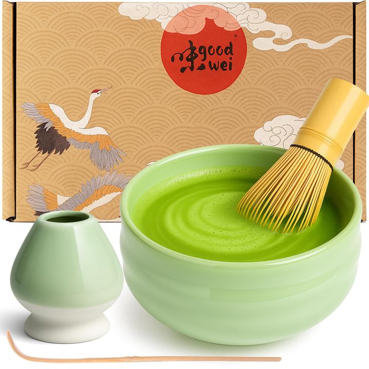 Goodwei Matcha Set komplett mit Matchabesen, Matcha Löffel und Matcha Schale aus Keramik mit Besenha