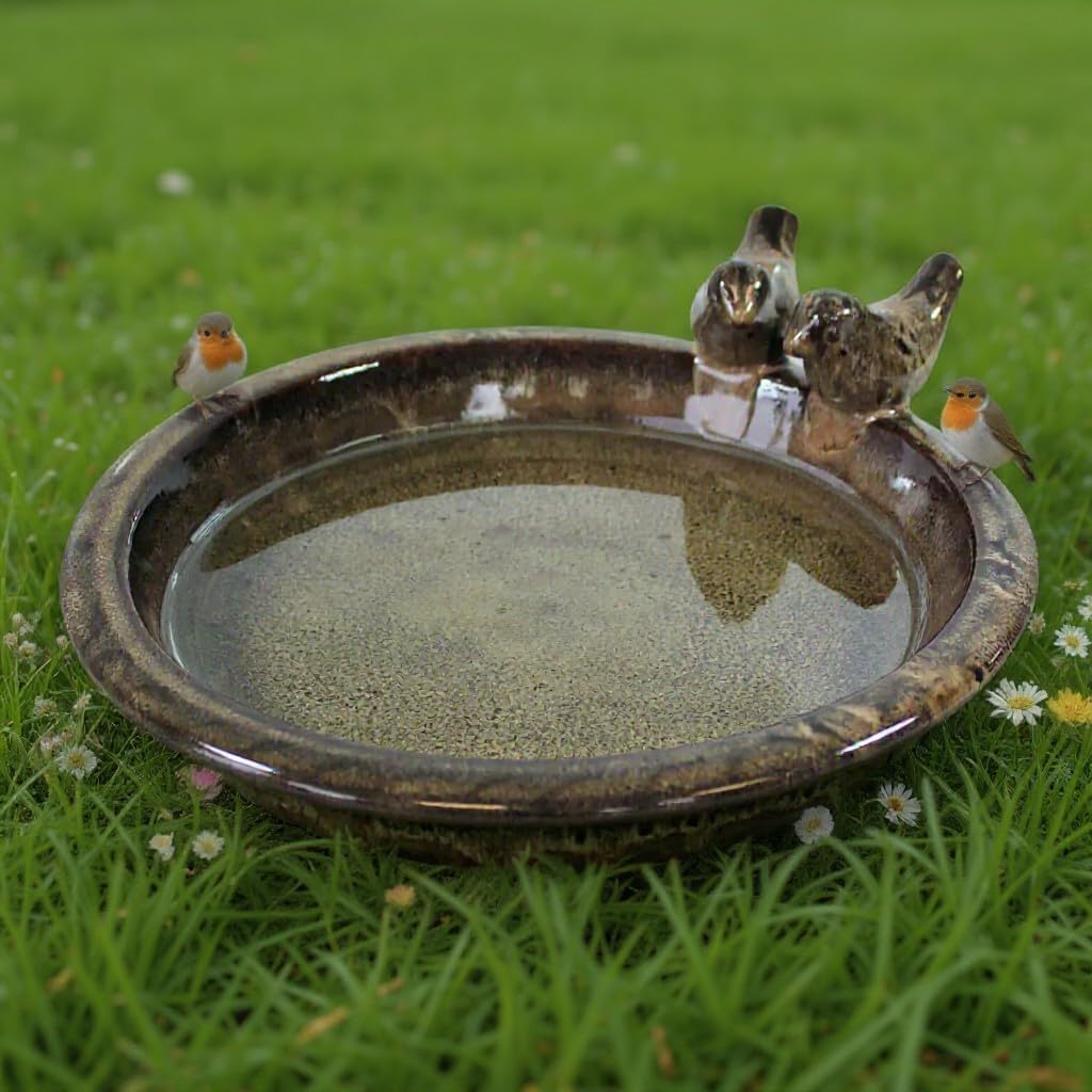 Vogeltränke Oasis aus glasierter Keramik, Ø 30 cm | mit Deko-Vögeln, Winterfest, Farbenfrohe Gartend
