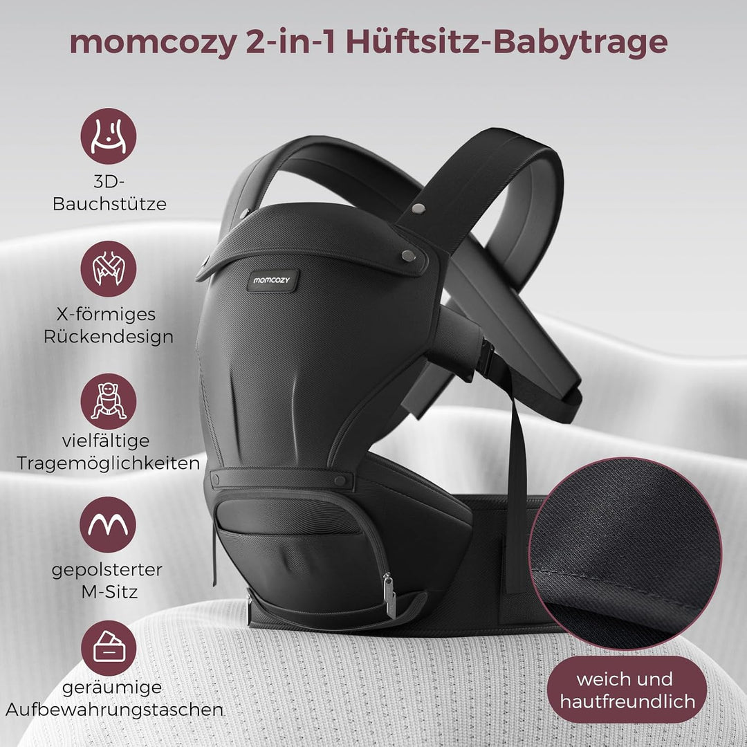 Momcozy Babytrage mit Hüftkissen, 2-in-1 Verstellbare &amp; Abnehmbare Babytrage bis 20kg, Atmungsaktive