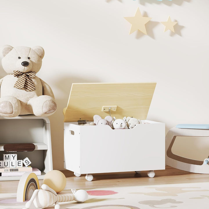 AIYAPLAY Kinderspielzeugtruhe auf Rollen, Kinderaufbewahrungsbox mit Klappdeckel, Sicherheitsscharni