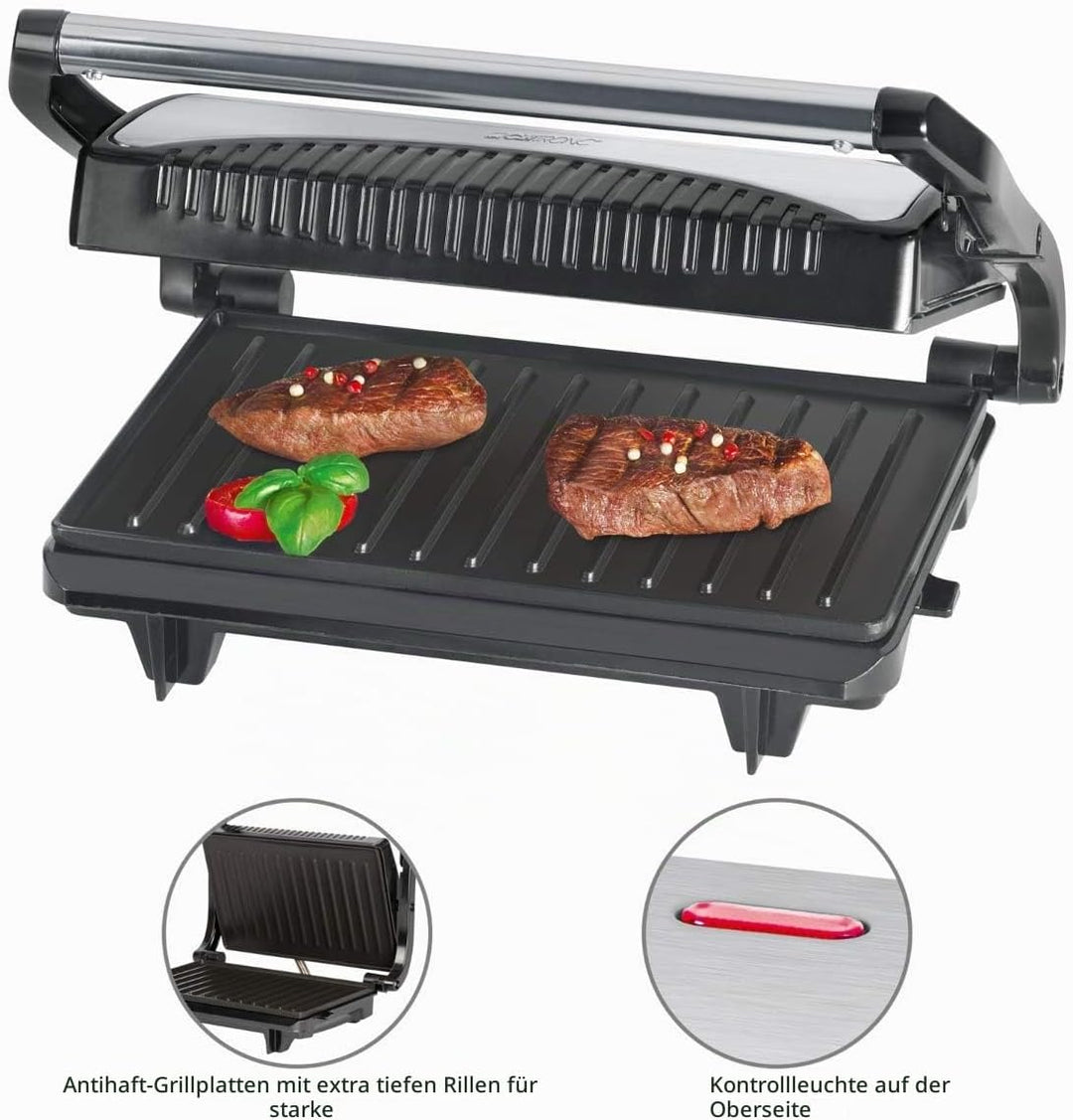 Clatronic® Kontaktgrill | beidseitiges fettfreies Grillen | 700W | antihaftbeschichtete Grillplatten