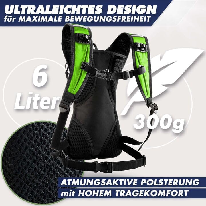 SASMO® Laufrucksack 6L (Grün) mit Thermofach | Lauf Rucksack - Ultraleicht 300g | Laufrucksack Damen