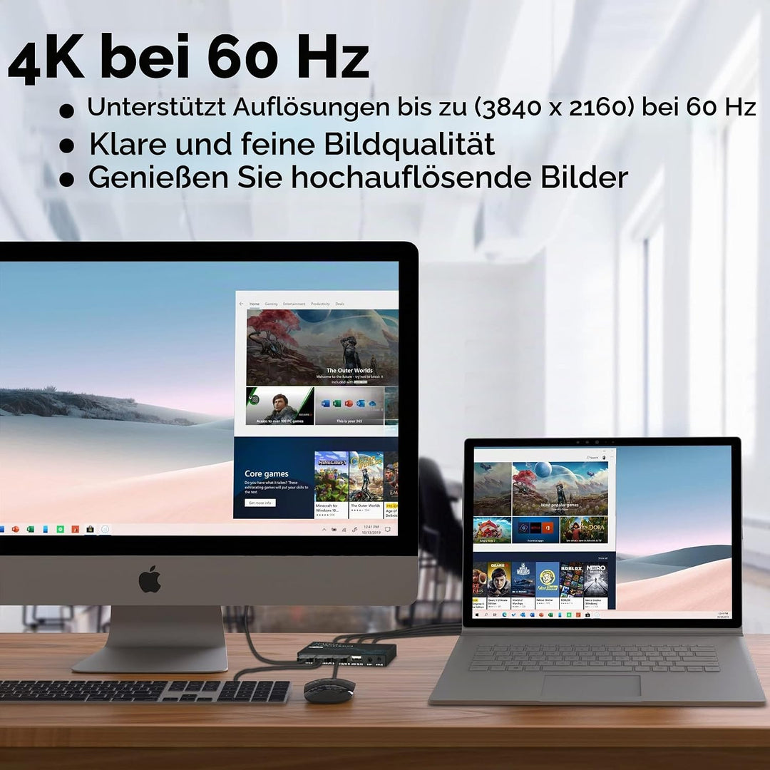 DP KVM Switch 2 Port, 4K @ 60Hz DisplayPort KVM Umschalter für 2 PCs 1 Monitor + 3 USB2.0-Geräte, DP