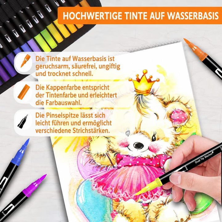Lyuvie Filzstifte Set, 60 Farben Pinselstifte Aquarell Brush Pen Set für Kinder, 2 mm und 0,4 mm Pin