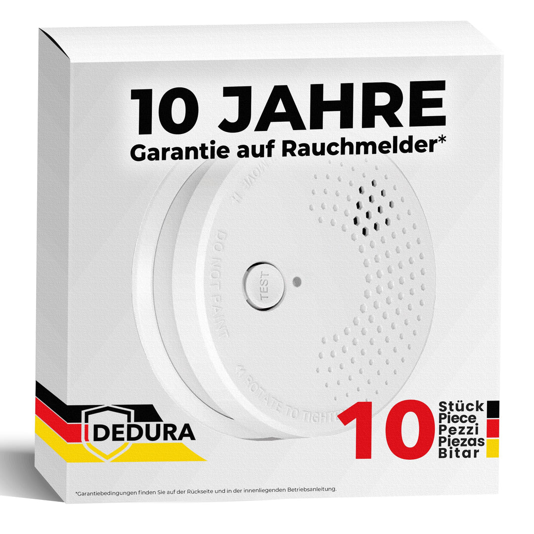 Rauchmelder 10er Set mit 10 Jahre Garantie BSI Zertifiziert nach DIN EN14604 inkl. 9V Batterie Rauch