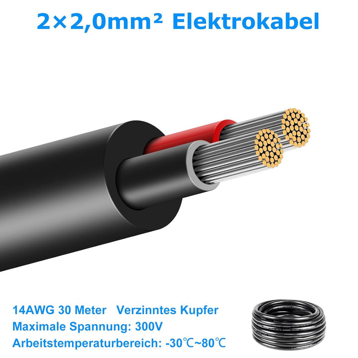 30 Meter 14AWG 2x2,0mm² Elektrischer Kabel, 2 Adriges Kabel 5V/12V/24V/300V Stromkabel Verzinntes Ku