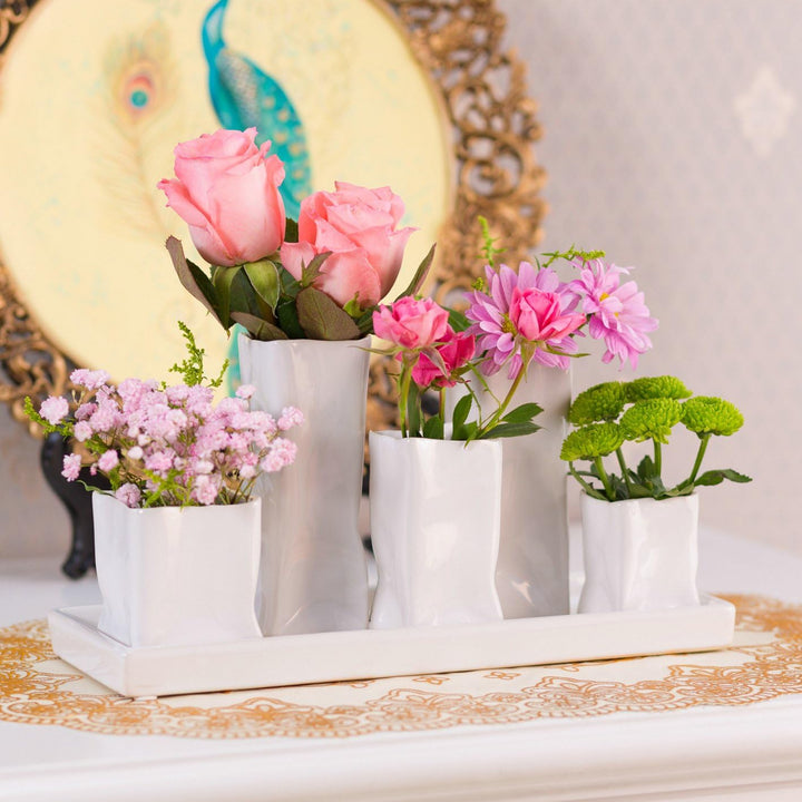 Jinfa Handgefertigte kleine Keramik Deko Blumenvasen Set aus 5 Vasen in weiss 5 Vasen Weiss, 5 Vasen