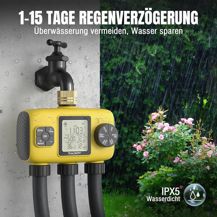 Raddy WS-8 Bewässerungscomputer 3 Ausgänge, Automatische Bewässerung Zeitschaltuhr mit manueller Bew