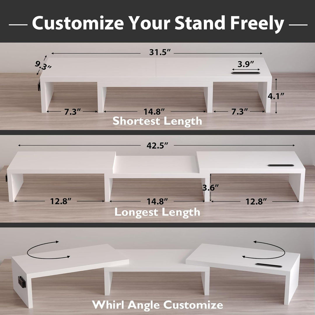 BONTEC Monitorständer Holz, Dual Monitor Stand Riser mit Handyhalter, Verstellbare Länge und Schwenk
