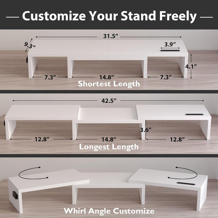 BONTEC Monitorständer Holz, Dual Monitor Stand Riser mit Handyhalter, Verstellbare Länge und Schwenk