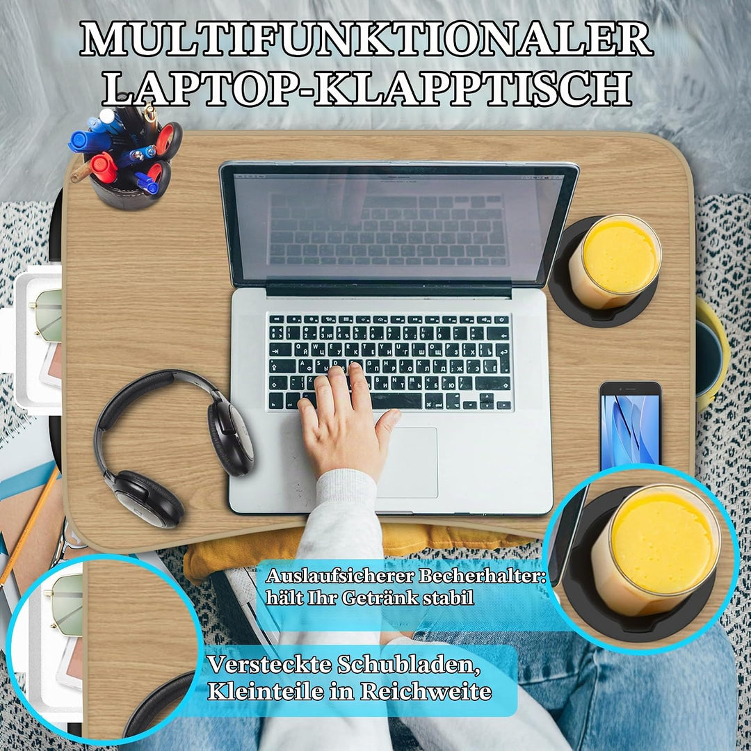 Soontrans Laptoptisch, 60 x 40 x 28 cm, Laptop Tisch mit Tablethalter, Schublade, Getränkehalter, Be