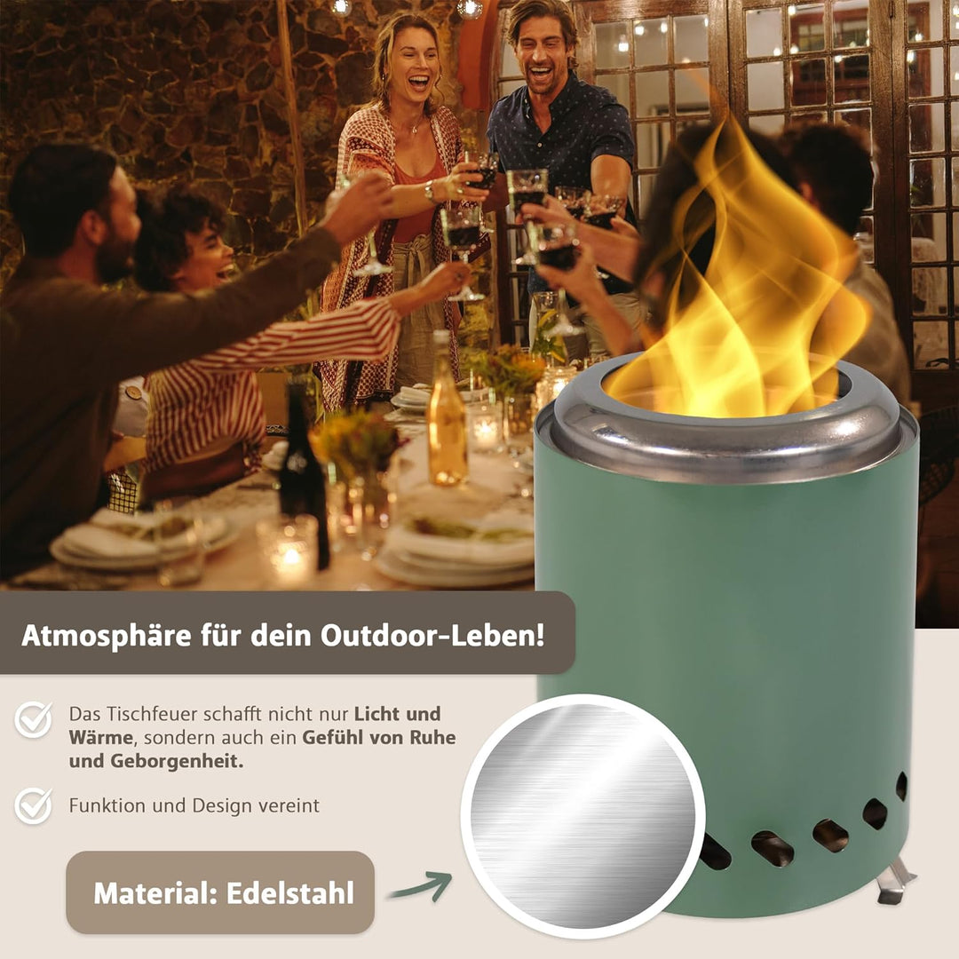 Tischkamin grün rauchfrei, Tischfeuer Outdoor, Mini-Feuerstelle tragbar mit Tragetasche, rauchfreier