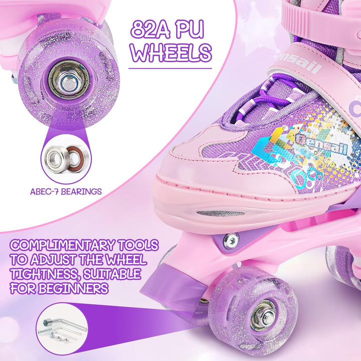 Runcinds Kinder Rollschuhe für Mädchen, Frauen, 4 Grössen verstellbar mit leuchtenden Rädern, Kleink