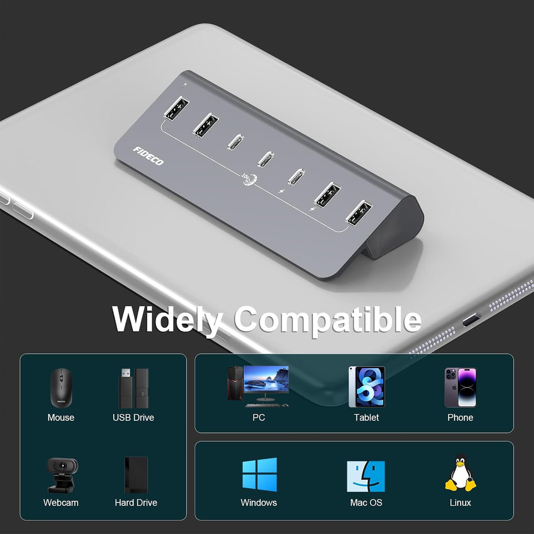 FIDECO USB Hub mit Netzteil, 7 Port USB 3.2 Gen 2, 10Gbit/s Schneller Datenhub, Vollaluminium-Verlän