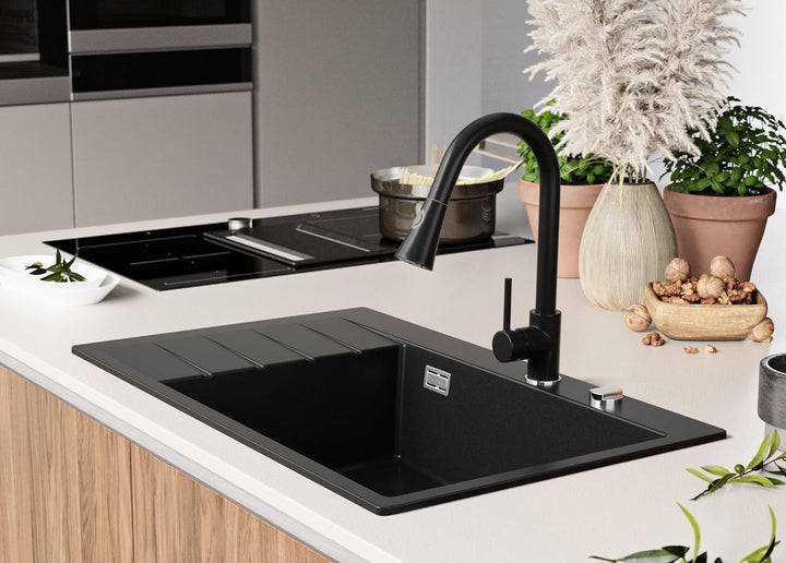 Granitspüle Schwarz 78x50cm, Spülbecken 1 Becken + Ablauf-Set + Küchenarmatur, Küchenspüle ab 60er U
