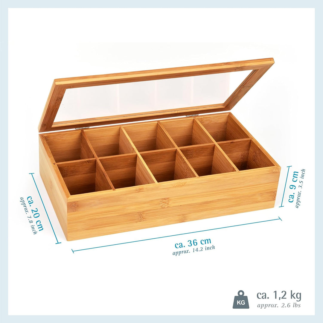 GRÄWE Teebox aus Bambus mit 10 Fächern, klappbarer Deckel, Sichtfenster, Teebeutelbox für aromagesch