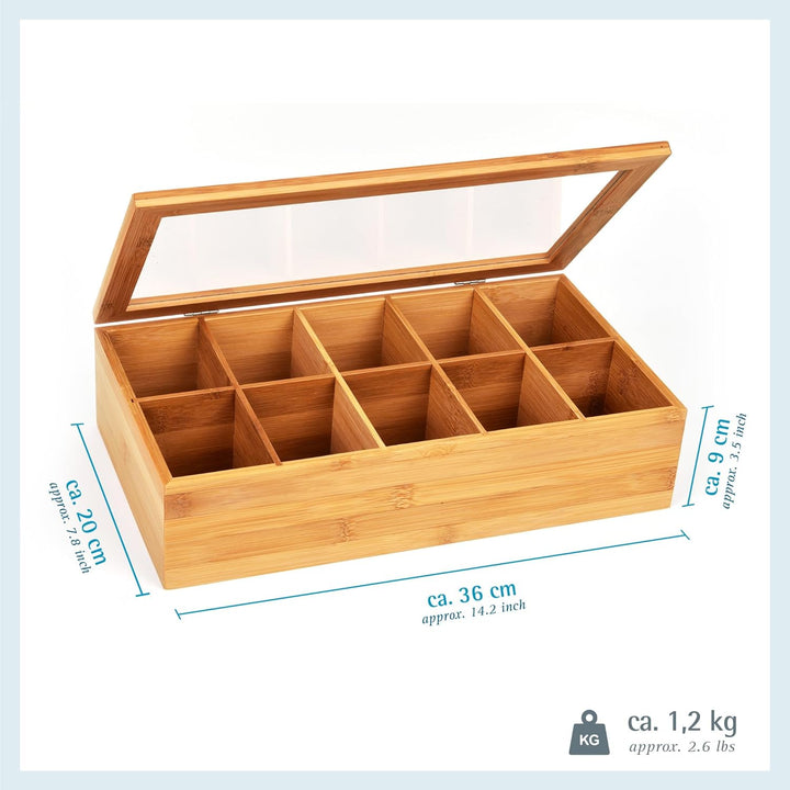 GRÄWE Teebox aus Bambus mit 10 Fächern, klappbarer Deckel, Sichtfenster, Teebeutelbox für aromagesch