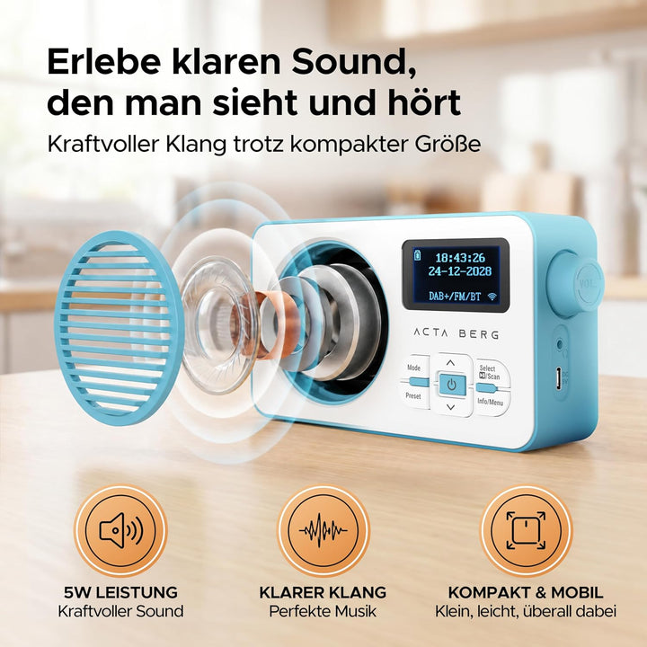 DAB Radio mit Akku 5000 mAh austauschbar &amp; BT 5.3 (Baby-Blau) | DAB+/UKW-Radio, Akku austauschbar +