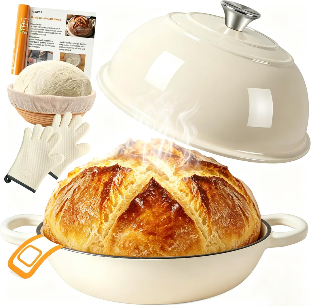 Gusseisen Topf Brot Backen, 5,7L Bräter Emaille Schmortopf mit Deckel und Griffen,26 cm Dutch Oven,