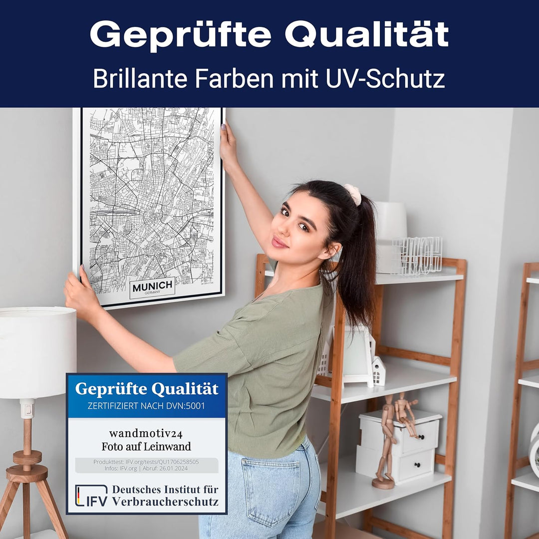 wandmotiv24 Stadt Karte als Leinwandbild, 40x30cm, Hochformat, München, Deutschland, Munich, Plan, S