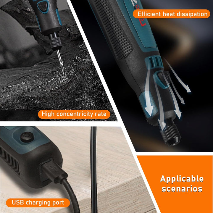 Multifunktionswerkzeug Akku Gravierstift, Mini Rotationswerkzeug mit 50 Zubehörteilen, 3 Drehzahlen