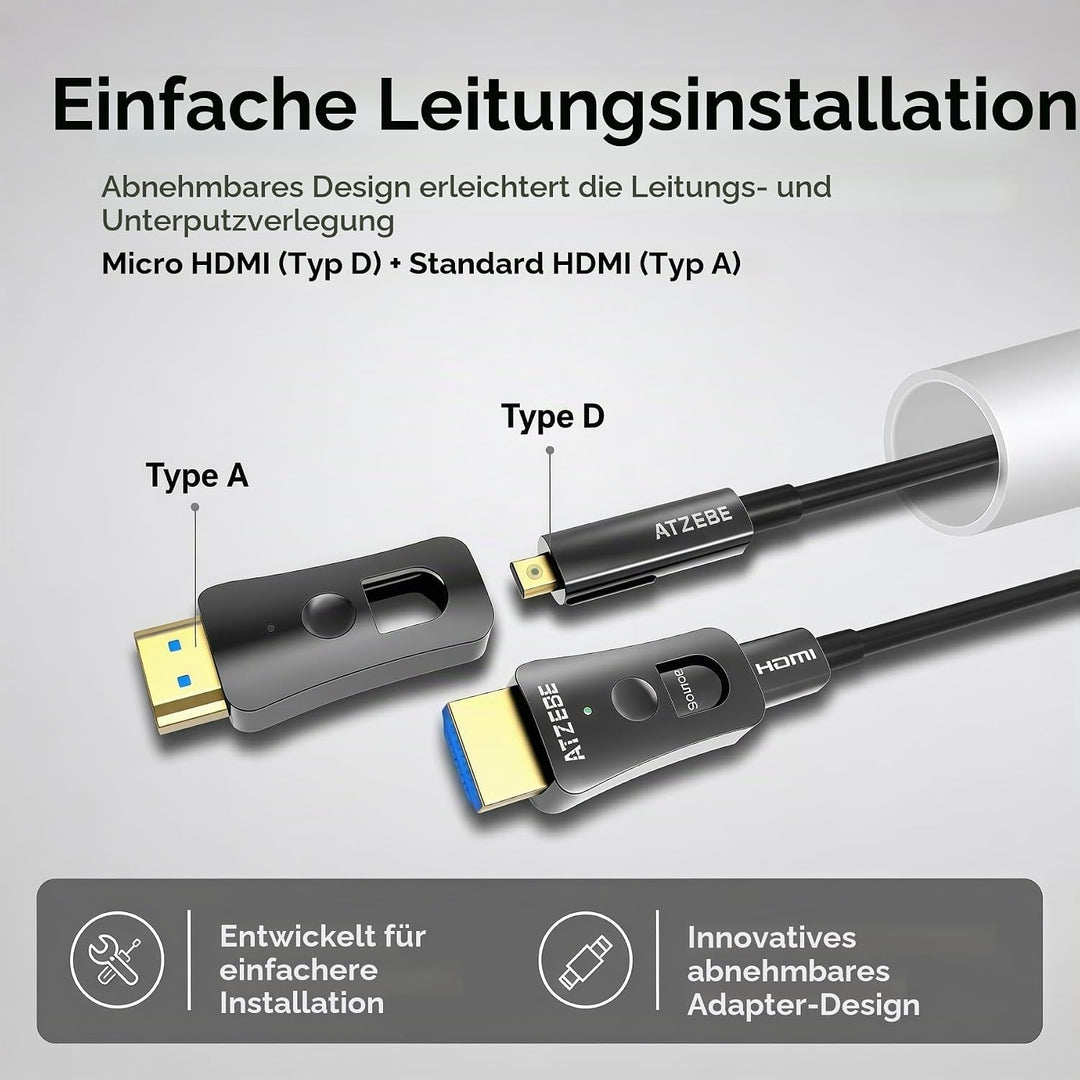 ATZEBE HDMI Glasfaser Kabel -10m, 4k HDMI-Kabel 2.0 unterstützt 4K@60Hz HDR, YUV4:4:4 8bit, 3D, ARC,