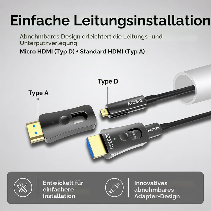 ATZEBE HDMI Glasfaser Kabel -10m, 4k HDMI-Kabel 2.0 unterstützt 4K@60Hz HDR, YUV4:4:4 8bit, 3D, ARC,