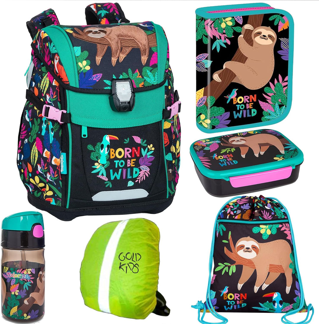 Goldkids Schulranzen Schulranzen-set Born to be wild Ranzen Kinderrucksack Federmappe Schuhbeutel Tr