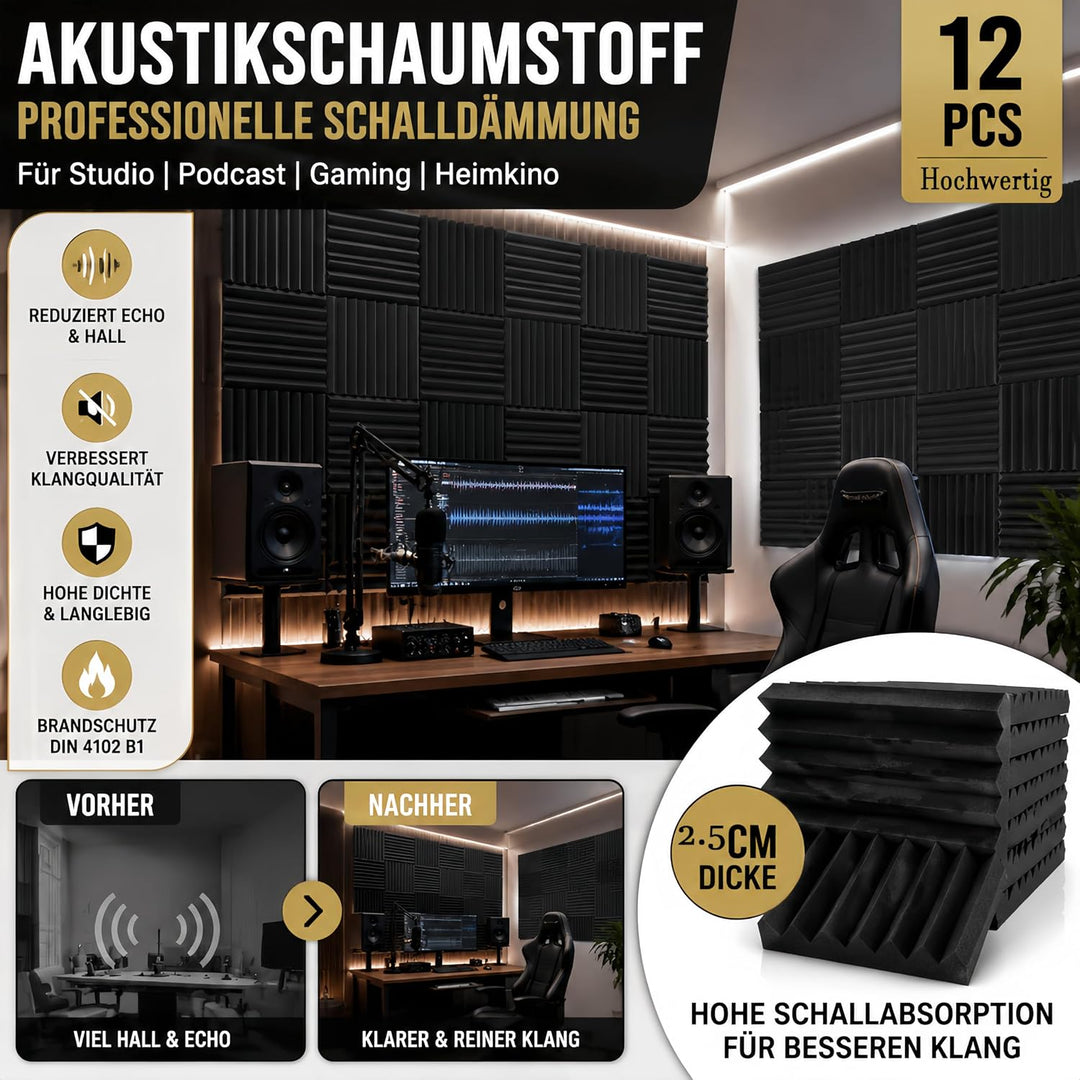 12 Stück Akustikschaumstoff Platten, Schalldämmung aus feuer- und flammhemmendem Material mit hoher
